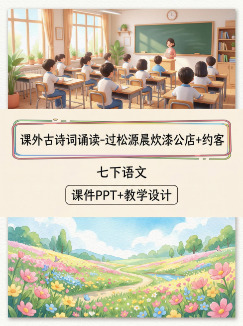 3D渲染风格，上中下分区构图，上区1/8为温馨明亮的初中语文课堂场景，中区3/8为独立淡米色背景，写有第一行“课外古诗词诵读-过松源晨炊漆公店+约客”（色框填充，活泼手写字体），第二行“七下语文”（文预览效果