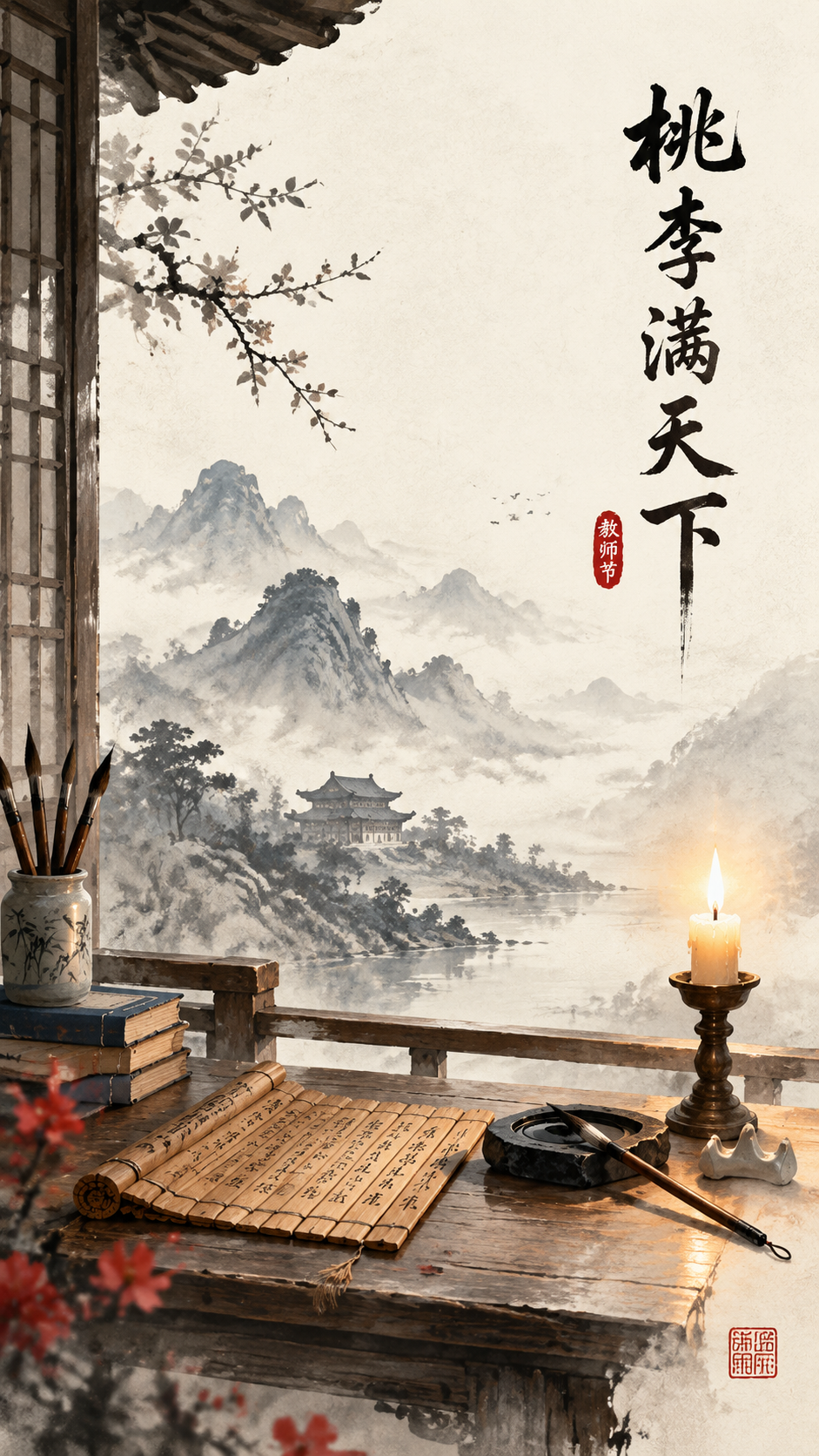 教师节中国风水墨插画，竖版构图。画面中央是古朴的古代书院一角，… - 图片创意预览