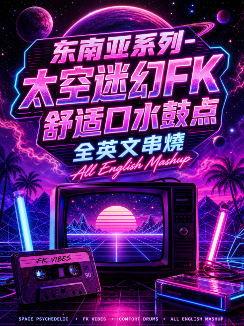 电音封面，文字为“东南亚系列-太空迷幻FK舒适口水鼓点全英文串燒”，风格改为蒸汽波复古未来风：粉紫渐变背景、老式CRT屏幕、磁带与霓虹灯管元素，字体为80年代电子感粗体发光字，比例3:4预览效果