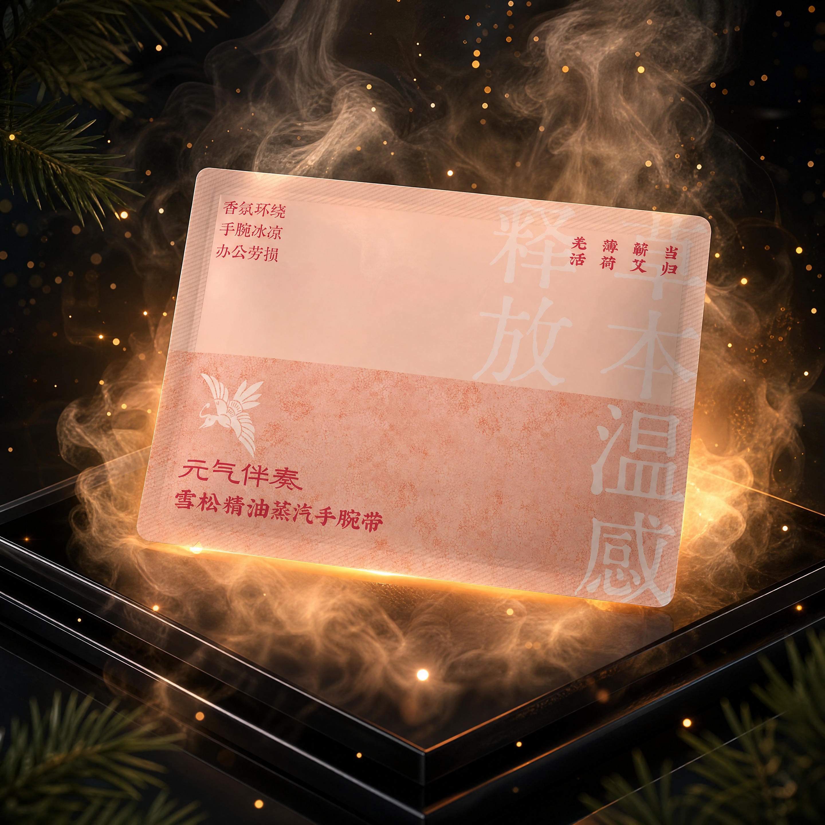 超写实商业产品摄影。 主体：元气伴奏雪松精油蒸汽手腕带单片包装… - 图片创意预览