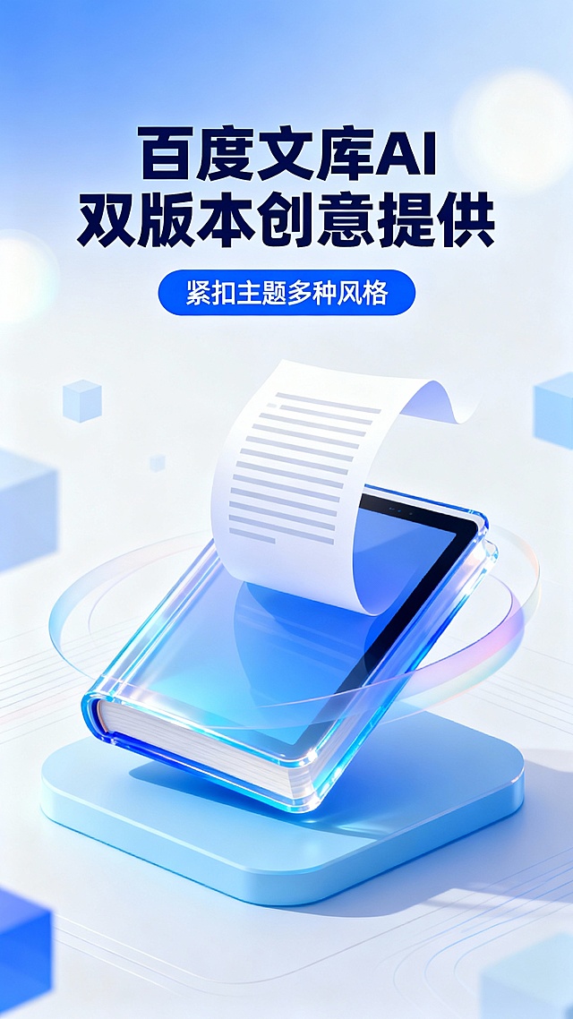 该广告图采用竖版构图，整体为现代科技感的扁平化插画风格。画面中心是一本半透明的蓝色电子书，书页翻动，上方延伸出一张动态文档纸张，象征内容生成与智能输出。书籍置于浅蓝底座之上，周围环绕柔和光晕与抽象线条，体现AI技术流动感。顶部以深蓝色粗体字突出“百度文库AI 双版本创意提供”，下方配蓝色圆角按钮标注“紧扣主题多种风格”，强化功能亮点。背景为渐变蓝白，点缀几何方块与虚化光斑，营造清新、未来感氛围。色彩以蓝白为主调，搭配高光与透明材质，突出科技与专业感。构图聚焦于书籍与文字互动，视觉动线由上至下引导，适合用于AI写作工具或内容创作类产品的宣传，传递“智能高效、多风格输出”的核心理念。