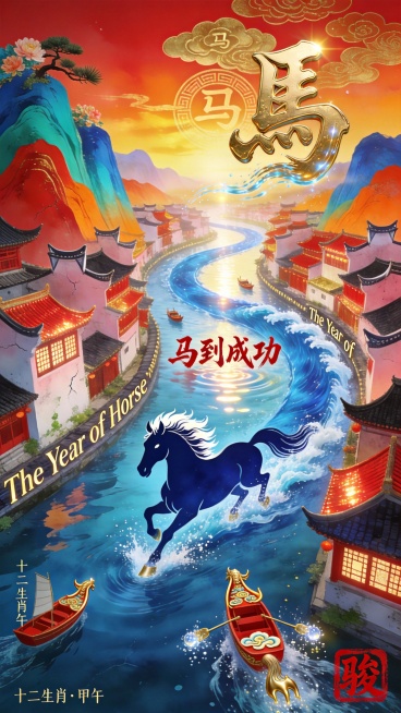 顶级新中式江南活力插画海报，8K超现实马年主题，喜庆热烈、满屏奔腾能量。

一条蜿蜒修长的深靛蓝-宝石蓝河流以极具力量的S形曲线从画面左下角狂奔至右上角，河身本身即为一匹昂首嘶鸣的巨型骏马剪影：河水最预览效果