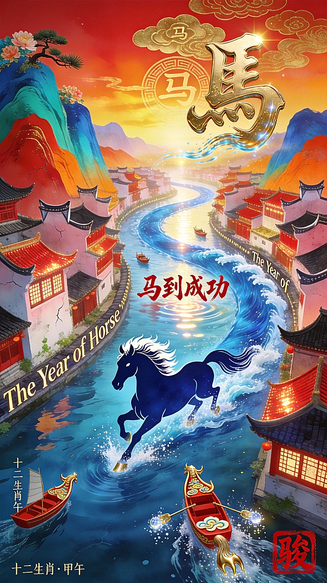 国潮插画风，鎏金“马”字闪耀，水彩质感山水与浮雕建筑交融，光影流动中骏马踏浪奔腾，象征马到成功，喜庆梦幻，体积感十足的中式新年贺图。