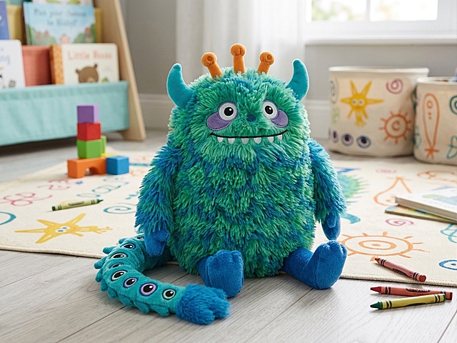 软3D风毛绒怪兽，拟人化设计，蓝绿渐变毛发，萌趣触角与长尾，置身儿童房实景，充满可爱感与温馨趣味。