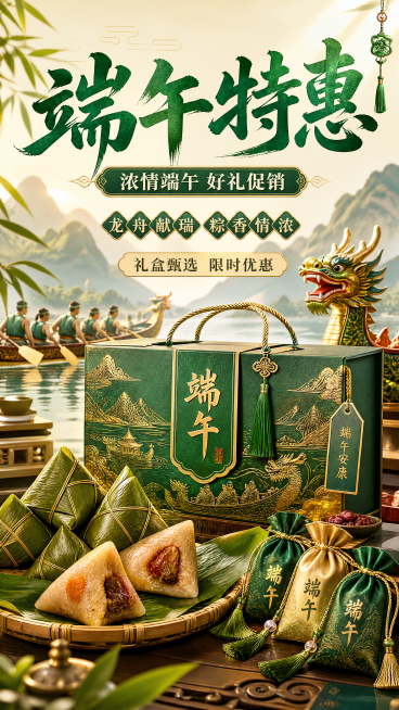 喜庆国风风格端午促销海报，画面主体包含饱满粽子礼盒、香包组合，融入热闹龙舟元素，整体采用金绿配色，营造节日热闹氛围，画面主标题文字"端午特惠"，副标题文字"浓情端午 好礼促销"，装饰文案"龙舟献瑞 粽预览效果