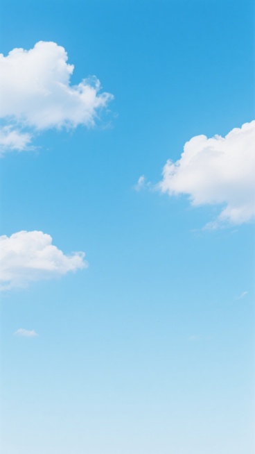 纯净的浅蓝色天空背景，由上至下从略深的天蓝色渐变为柔和的淡蓝色，几朵形态轻盈、边缘柔和的白色积云随意分布在画面左上方和右上方，云层呈现出自然舒展的絮状纹理，整体画面通透、明亮，营造出宁静、开阔、晴朗的氛围，色彩过渡平滑自然，具有简洁清新的视觉美感。预览效果