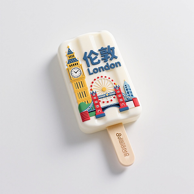 可爱卡通插画风雪糕，轻拟物设计展现伦敦地标，趣味十足。