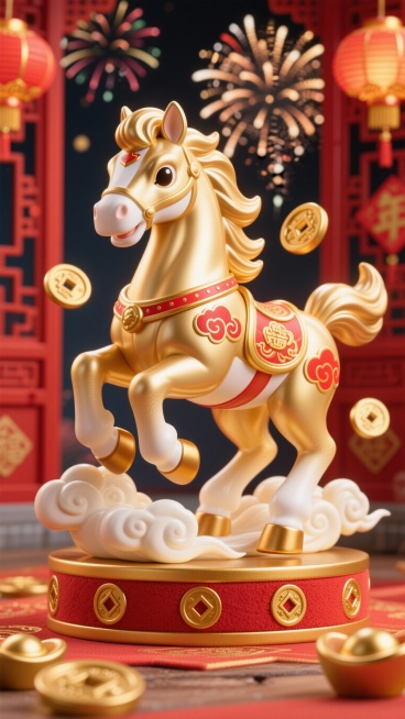 中国风新年海报主体，一匹健壮的金色骏马，鬃毛飞扬，四蹄踏祥云，身上点缀红色祥云纹与金色铜钱图案，背景是中式红墙、金色灯笼和绽放的烟花，色彩鲜艳喜庆，画面饱满大气，高清 8K，适合春节海报印刷。预览效果