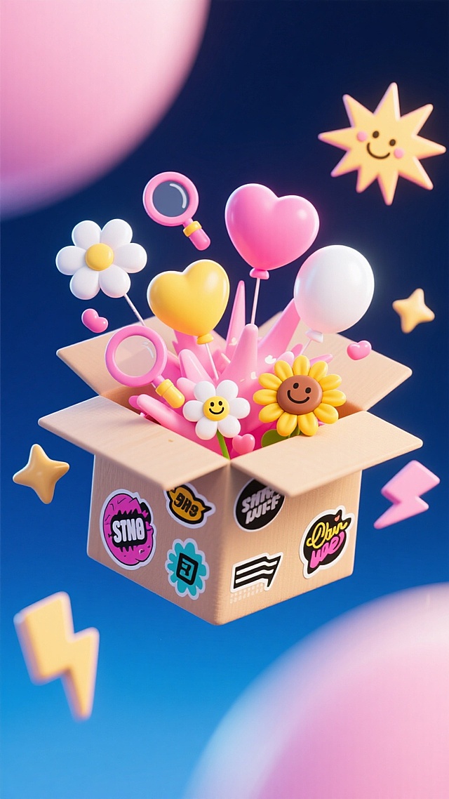 一个漂浮的纸盒，纸盒里面爆炸出（爱心，缤纷的粉色桃心，黄色心心、白色花朵形状的气球，放大镜，笑脸的花朵，向日葵，闪电）大元素，街头潮流感的贴纸贴在箱子上。周围漂浮着星星和爆炸的立体符号。局部动感朦胧，卡通风格化，深蓝浅粉色渐变的背景。大师级构图，创意构图，潮流，趣味，多巴胺配色，撞色