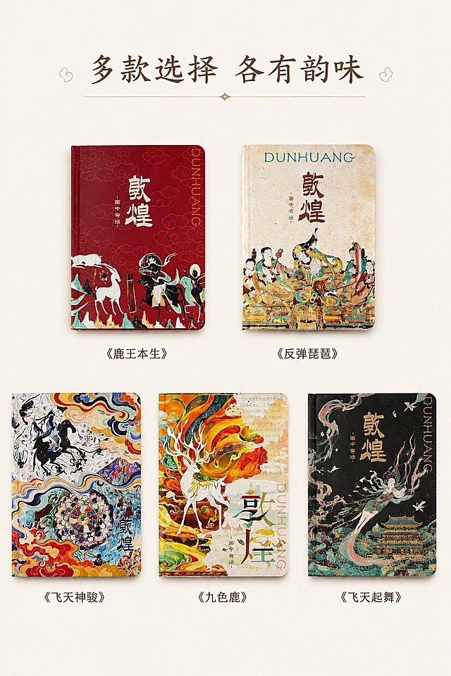 [第6屏] 全系列展示-敦煌文创笔记本多款封面全家福。本屏使用【图5】展示全系列五款封面。
[氛围/风格] 规整展示，清晰呈现多款选择，国风简约质感，清爽干净。
[元素布局] 矩阵排版，五款封面整齐排列展示，每款单独分区，清晰呈现不同封面的设计图案；保留每款封面颜色、图案、文字与原图一致；产品占画面约75%，背景留适当空白。
[光影质感] 均匀布光，每款封面都清晰明亮，颜色还原准确。
[配色色系] 全局底色 #F8F4EC，保留各款封面原有色彩，自然呈现色彩差异。
[视角构图] 平俯视正面视角，所有款式完整展示，一目了然。
[文字版式] 顶部标题「多款选择 各有韵味」，每款下方标注封面名称，文字小巧清晰，不遮挡封面图案。
[比例分辨率] 9:16 竖版比例，4K分辨率，文字清晰可辨，高清画质。
[负向提示词] 款式变形，颜色偏差，文字错乱，缺款少款，水印，排版拥挤