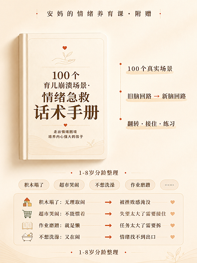 修改这张宣传图：1. 将两处"课程附赠"改为"1-8岁分龄整理"，顶部标题保持不变；2. 封面上的"话术手册"四个字放大加粗进行重点展示；3. 在底部添加以下内容并重新排版：
积木塌了：无理取闹 → 被挫败感淹没
超市哭闹：不能惯着 → 失望太大了需要接住
作业磨蹭：就是懒 → 任务太大了需要拆
不想洗澡：又在闹 → 情绪找不到出口
保持原海报的简约温暖米色风格，整体排版协调美观