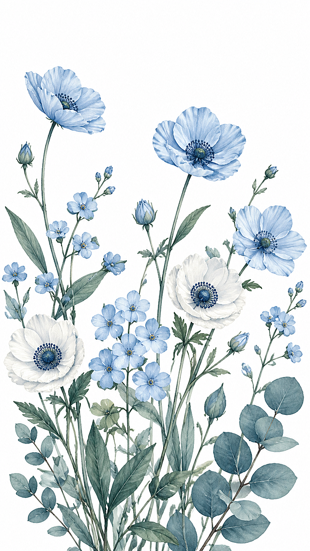 9:16 vertical standalone botanical watercolor illustration, a graceful blue-green wildflower arrangement growing upward from the entire bottom edge, isolated on a perfectly pure white background. Keep the upper 25-28% of the canvas completely empty and white. Arrange approximately 13-16 independent stems across the lower three-quarters of the composition. The stems cross and overlap naturally near the bottom, then spread into separate directions toward the middle and top. Create an airy asymmetrical rhythm with clear height differences and irregular open gaps. Place two isolated tall flowers near the upper left and upper center-right, several medium-height flowers on both sides, and richer foliage near the bottom. Avoid uniform spacing, a triangular bouquet silhouette or an orderly staircase. Use realistic, recognizable flower structures: three large pale-blue single cup-shaped flowers with five broad, gently overlapping petals, including one high side-facing blossom, one large three-quarter-view blossom near the upper center-right and one outward-facing blossom on the right; two large ivory-white single anemones with five or six softly crinkled petals and refined deep blue stamens, positioned at different heights on the lower left and middle right; one compact group of six to eight medium-sized pale-blue five-petal blossoms near the lower center, clearly separated rather than forming a dense dotted ball; two slender branches carrying a few small blue five-petal flowers, with visible individual petals and generous spacing; three to five realistic closed or half-open buds in different sizes and orientations. Vary every flower through size, openness, direction and viewing angle. Petals should retain believable botanical construction and must not look like repeated copies. Combine several clean foliage shapes: long lance-shaped leaves, narrow gently curved leaves, a small branch of oval leaves and one prominent eucalyptus-like branch with large rounded blue-green leaves on the lower right. Leaves vary naturally in size and direction, with complete smooth edges and restrained overlap. Do not add finely divided, feathery or radiating foliage. Stems are slender, continuous and muted dark teal-green. Most grow upward with a slight irregular lean; a few bend gently beneath the weight of the flowers. Keep the curves broad and subtle, without rigid parallel lines, exaggerated S-curves or decorative spirals. Use a low-saturation cool watercolor palette: powder blue, misty sky blue, dusty teal, pale aqua, celadon, gray sage, muted blue-green, soft ivory and small deep petrol-blue accents. The upper flowers are slightly brighter blue, while the lower foliage includes deeper teal and blue-gray tones. White flowers contain faint cool-blue shadows so their petals remain visible against the white background. Use tiny dark blue stamens as controlled focal details. Clean and refined botanical watercolor painting, translucent layered washes, smooth soft color gradients, delicate dry-brush texture on petal edges, no harsh outlines, soft natural lighting from upper left, subtle paper texture, museum-quality botanical illustration, ultra-detailed, 4K fine art quality