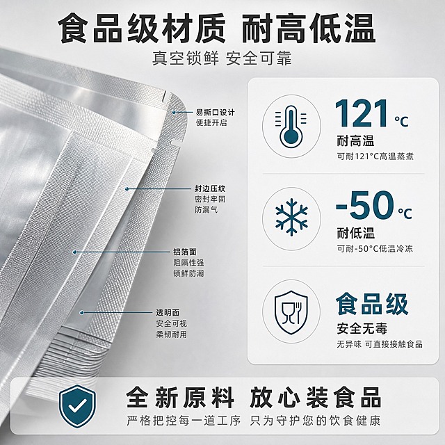 [主图-3] 阴阳铝箔真空袋材质细节与安全性图，突出食品级材质、耐高低温性能与做工细节，建立品质信任感。
[统一基调] 整体风格为专业洁净的电商品质风，背景主色为浅灰渐变+柔和光影，标题字色为深灰近黑，辅助字色为中灰，强调色为深蓝绿，字体为无衬线粗体，字号层级分明，卡片与图标采用圆角轻量样式，整体干净通透。
[画面] 画面采用左右分栏布局。左侧约60%区域展示产品局部微距特写：阴阳袋的封边压纹细节、易撕口切口、铝箔面与透明面的接缝处，清晰展示多层复合结构的边缘厚度与做工精细度。右侧约40%区域为信息区，用图标+文字形式展示3项核心品质参数：耐高温121℃、耐低温-50℃、食品级无毒无味。底部有一行"全新原料 放心装食品"的品质承诺文字。产品材质、颜色、结构与输入图完全一致，微距特写基于真实产品结构，禁止虚构材质层。
[光影质感] 微距摄影质感，侧逆光突出封边压纹的立体感与铝箔材质的金属反光，透明面有柔和透光效果，细节清晰锐利，整体呈现高品质工业精密感。
[配色] 背景浅灰渐变偏冷调，产品银灰金属质感，强调色深蓝绿用于温度数据高亮，整体专业可信。
[文字版式] 顶部主标题"食品级材质 耐高低温"，加粗大字；右侧3项参数为大号数字+单位+说明文字，数字用深蓝绿强调色，字号最大；底部品质承诺文字为中号深灰字。局部特写旁有细线标注指向对应部位，标注文字为小号字。
[输出要求] 比例1:1，文字清晰可读，细节清晰锐利，商业电商主图质感。禁止产品变形，禁止改变产品直径，禁止改变形状，禁止改变透视角度，禁止重新绘制产品，禁止新增产品，禁止减少产品，禁止改变产品颜色。禁止错字、模糊、杂乱、水印、平台Logo。