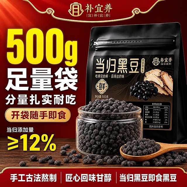 [单张主图] 当归黑豆即食黑豆 爆款促销感主图 1张 1:1 淘宝/天猫平台 复刻参考图版式 去掉农残检测相关元素 强化食欲感与分量感 突出500g足量与古法熬制卖点。
[参考比对] 参考图为红金主色调的食品爆款主图 版式为顶部品牌条 左侧超大规格数字+主副标题 右侧产品包装袋+前景玻璃罐黑豆实物 底部通栏卖点条 右下角有绿色农残检测标识（本次需删除该标识及相关文字）。生成时沿用同款版式结构 只替换为当前商品的包装外观 产品实物和对应卖点文案 删除所有农残检测相关图标与文字。
[画面主体] 画面右侧为黑色自立袋包装的当归黑豆产品 包装袋外观 颜色 标签排版 品牌名 产品名与输入产品图完全一致 袋身标签清晰可读 不改变原有文字和Logo形态。包装袋前方偏下位置放置一个透明玻璃罐 罐内装满黑褐色皱皮的当归黑豆颗粒 颗粒饱满 表面有自然糖霜质感 与输入黑豆实物图一致 罐子前方和左侧散落部分黑豆 搭配一把木勺 勺内也盛有黑豆 形成丰富的前景层次。产品整体占画面约55%-65% 包装袋在右上 玻璃罐在中下偏右 形成前后错落的立体陈列。
[构图版式] 采用参考图同款「顶部品牌条+左侧大数字标题+右侧产品陈列+底部通栏卖点」的爆款促销版式。顶部约12%高度为红底金边品牌条 居中放置品牌名；左侧上半部分为超大规格数字和主标题区 是第一视觉重心；右侧为产品主体展示区 包装袋在后 玻璃罐和散豆在前；底部约18%高度为红底卖点通栏 横向排列核心卖点。整体信息层级清晰 产品完整不被文字遮挡关键部位。
[场景元素] 背景为深红色渐变 左上角有轻微放射光效 营造喜庆热销氛围；底部为深棕色木纹台面 玻璃罐 木勺和散落黑豆自然放置在台面上 有真实接触阴影；左上角品牌条为红底配金色描边和中式纹样装饰；左下角有当归添加量数据标识；底部通栏为红金配色 两端略收 中间为卖点文字；整体无农残检测标识 无绿色认证标 无任何检测相关图标或文字。
[文案版式] 顶部品牌条文字：补宜养 （字体风格与产品包装一致 金色字 红底）。左侧第一行超大数字：500g （明黄色粗黑体 带轻微外发光 字号最大）。第二行大字主标题：足量袋 （白色粗黑体 字号第二大）。第三行副标题：分量扎实耐吃 （白色粗黑体 字号约为主标题的60%）。左中位置有一个金色圆角胶囊标签 内文：开袋随手即食 （红色字）。左下角大数字标识：当归添加量 ≥12% （黄色大数字+白色说明字）。底部通栏文字从左到右：手工古法熬制 匠心回味甘醇 当归黑豆即食黑豆 （白色粗黑体 字号统一 横向排列）。所有文字横排 无竖排 无错字 无模糊。
[光影质感] 商业食品摄影质感 主光从左上斜射 包装袋有自然高光和曲面反光 玻璃罐有通透玻璃质感和罐身高光线 黑豆颗粒表面有微光泽和糖霜质感 颗粒纹理清晰 木勺有温润木质纹理；整体暖调光影 背景深红渐变有层次 台面有柔和倒影和接触阴影 产品立体感强 不悬浮 不扁平。
[配色字体] 主色调：深红色 + 金色 + 明黄色 + 白色；辅助色：深棕色（木纹） 黑色（包装袋）。字体风格：全部使用粗黑体 厚重有力 高对比度；主标题最大 数字第二 辅助文案缩小50%以上 层级分明。
[比例分辨率] 1:1正方形 2048px*2048px 2k高清 文字清晰可辨 产品细节锐利。
[负向提示词] 农残检测标识 绿色认证标 检测文字 南京同仁堂 其他品牌Logo 错字 糊字 水印 平台Logo 二维码 联系方式 产品变形 包装袋扭曲 黑豆颗粒畸形 穿模 悬浮 背景杂乱 低清晰度 多余手指 人物 医疗功效宣传 绝对化用语。