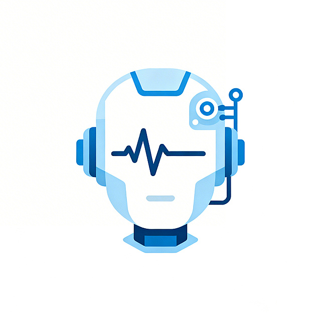 老年人健康传感主题机器人头像，几何图形极简设计，将心跳波形、健康监测传感器元素融合进机器人轮廓，中心对称构图，简约现代设计感，温暖科技感配色，干净浅蓝色搭配白色，白色背景，适合用作个人头像的矢量图形标志，图形经过视觉修正保持平衡，细节干净利落，高级感留白处理
