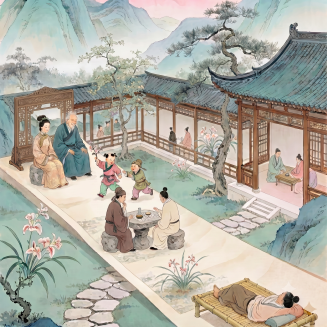 将老人和他身边女性的身体整体缩小20%，删除老人背后的展开画卷，只保留木质屏风，保持原图的中式古风水墨画风格和整体比例不变预览效果