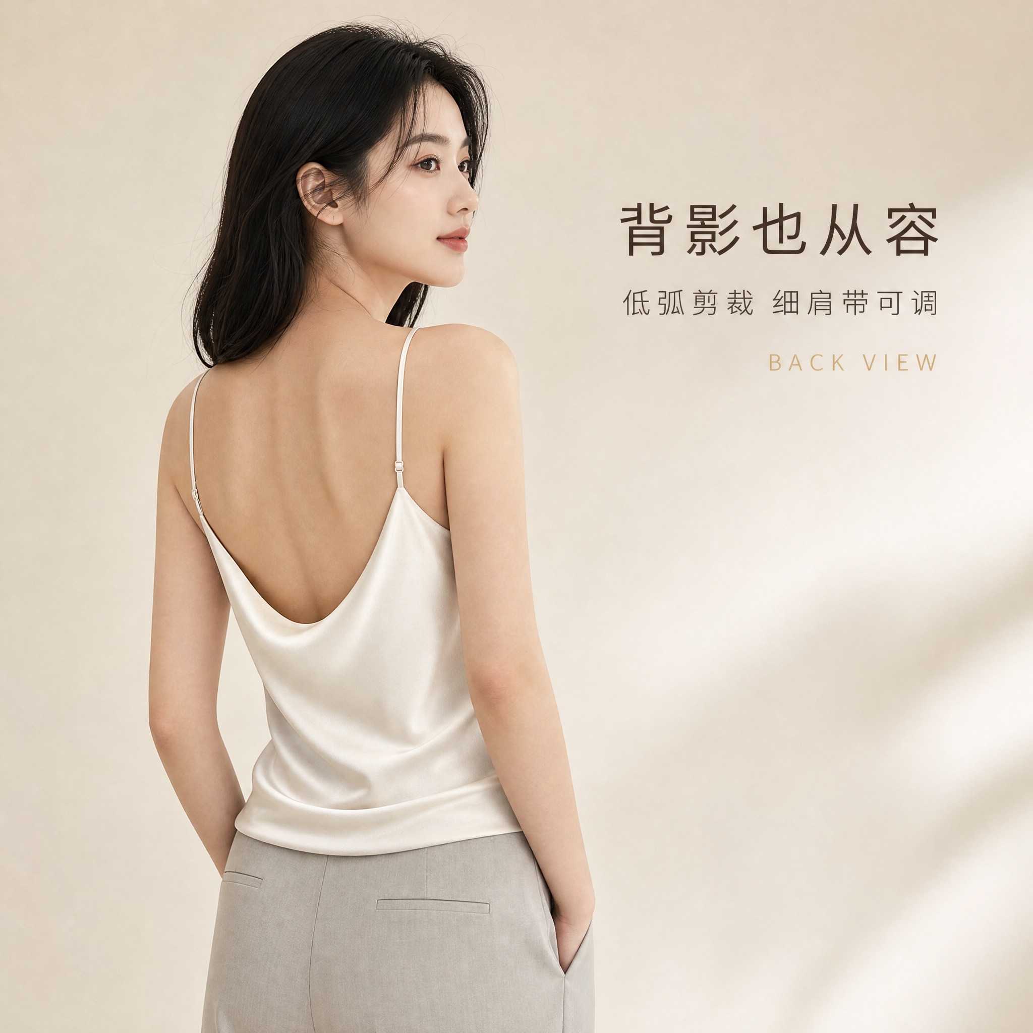 背影也从容简约风电商海报。展示一位身穿白色吊带背心的女性背影，… - 图片创意预览