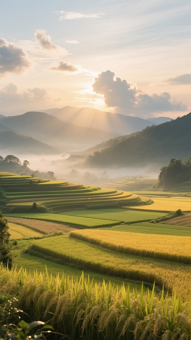 清晨或傍晚的阳光照耀下，广阔的稻田呈现出层次分明的金色和绿色，远处的山峦在薄雾中若隐若现，天空中飘着几朵云彩，阳光穿过云层洒在稻田上，形成美丽的光影效果，整个画面充满了宁静、祥和的氛围，展现出大自然的壮丽与生机。