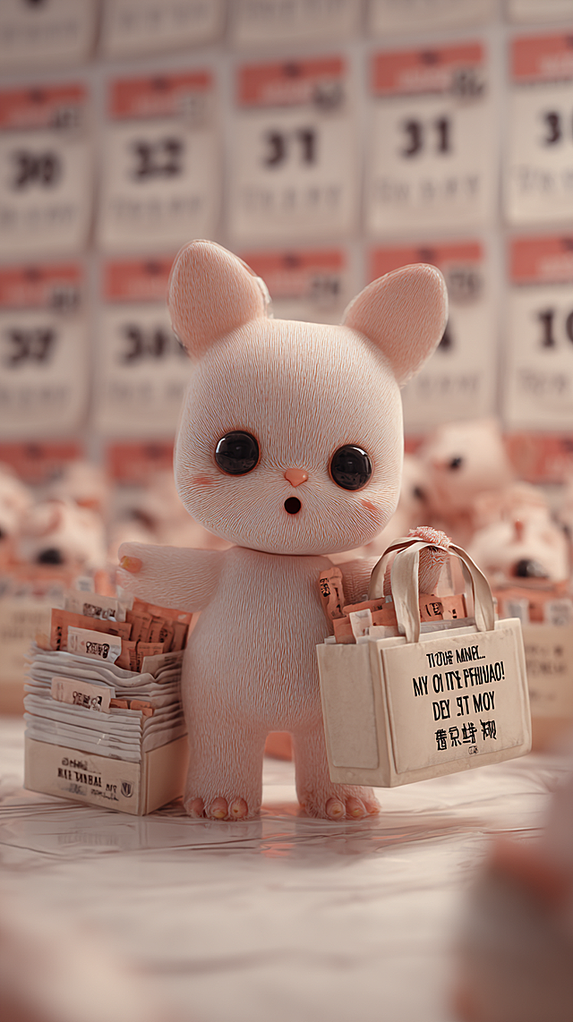 软3D风拟人小猫，面料质感细腻，手持购物袋与纸盒，背景日历模糊，营造梦幻柔和氛围，充满可爱卡通感。