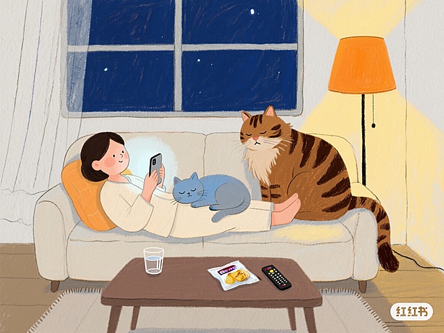 小红书风格横版插画，油画棒手绘质感，粗糙画纸纹理，手工感强，低饱和度柔和配色，大块平涂，暖色调为主（米白、浅灰、橙黄、棕褐、深蓝）。画面是晚上客厅一角，一位稚拙可爱风格的女性，圆润轮廓，没有精细五官，穿着米白色家居服，瘫在沙发上，手里拿着亮着屏幕的手机（浅灰色块表示）。她腿上趴着一只蓝色英国短毛猫，圆圆的块面，蓝灰色平涂，闭着眼睛睡觉。沙发靠背上蹲着一只巨大的棕虎缅因猫，棕褐色块面，毛发用粗糙油画棒笔触表现。沙发前的茶几上放着一杯水、一包零食、一个遥控器。窗外是大块深蓝色平涂的夜空，屋里亮着温暖的橙黄色落地灯，大块橙黄表示光晕。整体氛围是下班后的放松时刻，有点累但很舒服，有猫陪着。图片四周有适当留白空间，方便添加文字，手绘感强