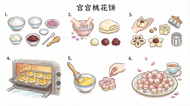 帮我生成图片：生成手绘风格卡通治愈系的“宫廷桃花酥”菜谱，手绘风格 参考图1，画面精细细节多多，不要出现任何人物和文字，包括准备材料、处理材料、制作过程、最终装盘展示出品共6步，白色背景，16：9「图片1」「图片1」