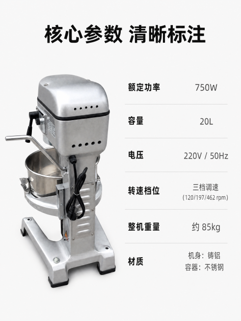 [第12屏] 性能参数 - 功率容量等参数展示。
[氛围/风格] 专业参数卡风格，清晰简洁，数据直观，方便用户参考选择。
[元素布局] 左侧展示产品侧视图，使用【图2】产品侧后方外观，保持结构颜色和输预览效果
