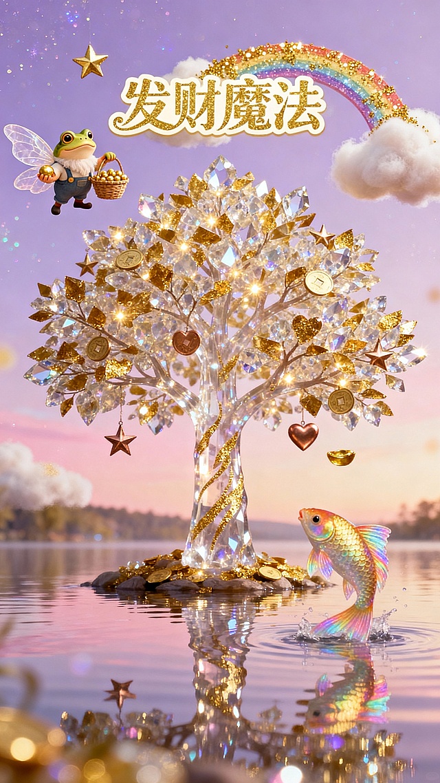 奇幻童话发财插画壁纸，淡紫 + 浅粉 + 暖金渐变底色，强化珠光 + 细闪肌理（画面整体带轻微虹彩光泽），中心是发光的水晶摇钱树（树干透明带金纹，树叶是金箔 + 水晶碎片），枝头结出星星铜钱、爱心元宝。树下湖面倒映树影，透明带金鳞的锦鲤（背鳍带彩虹光）从湖面跃出，空中飞着带翅膀的 Q 版金蟾（翅膀是半透明纱质，抱着星星形状的元宝），穿背带裤的小矮人提着装满金珠的篮子，旁边有彩虹桥连接云朵（云朵是棉絮状 + 金色亮片）。‘发财魔法’是带金边的童话花体字（悬浮在树顶），画面四周有模糊渐变的光晕，竖屏构图（主体居中），笔触细腻到能看清金箔纹理，整体梦幻又招财