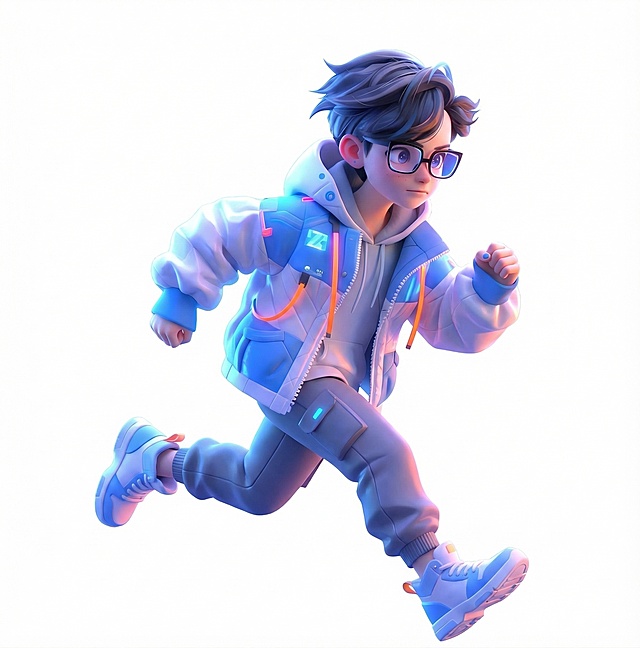 生成类似参考图的3D卡通潮流数字人，人物做奔跑动作，背景是纯白色，风格潮流大气，保持和参考图一致的赛博风和色彩质感