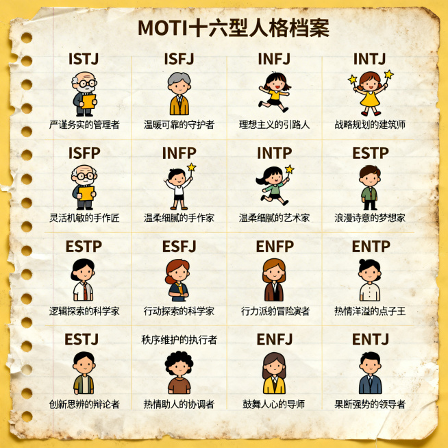 MBTI十六型人格档案图片，背景为复古打孔信纸，十六格分区排版，每个分区内包含对应人格的英文简写、趣味卡通代表画像、简短的人格介绍文字，整体排版清晰整洁，风格简约复古。预览效果
