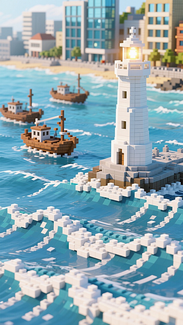 大海卷着海浪，海面上立着灯塔，远处的渔船，岸上的城市，