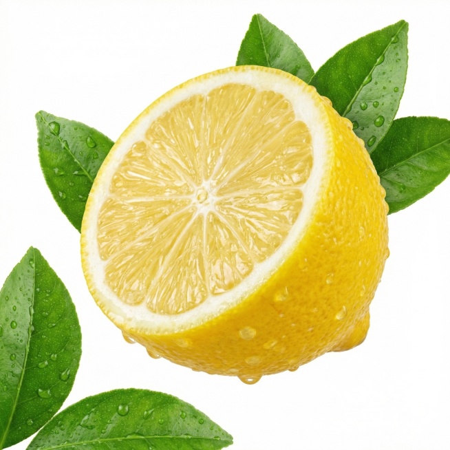 参考图片的柠檬切割造型，设计半个新鲜真实的柠檬高清摄影图，柠檬表面带有水珠，搭配清晰的绿色叶子陪衬，整体柠檬悬空放置，纯白背景，无任何文字，高清晰超写实摄影，质感真实通透预览效果