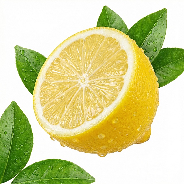 参考图片的柠檬切割造型，设计半个新鲜真实的柠檬高清摄影图，柠檬表面带有水珠，搭配清晰的绿色叶子陪衬，整体柠檬悬空放置，纯白背景，无任何文字，高清晰超写实摄影，质感真实通透