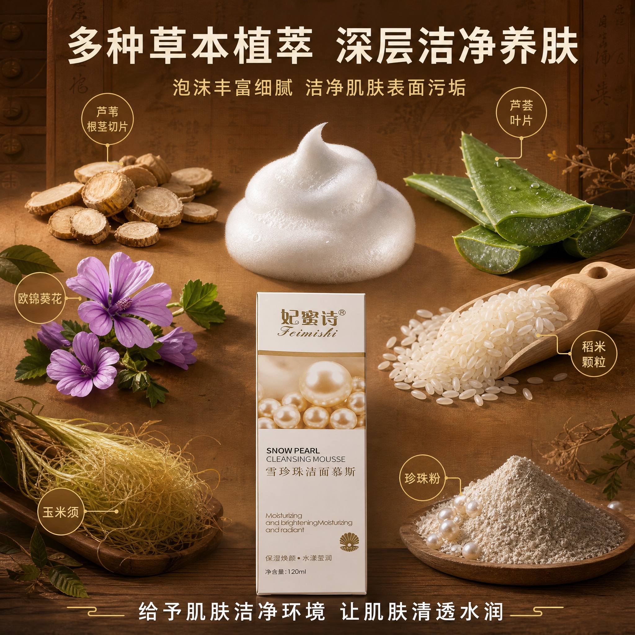 [主图-2] 核心功效成分解析，展示多种草本植萃成分与洁面慕斯… - 图片创意预览