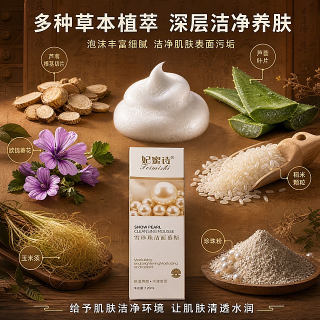 [主图-2] 核心功效成分解析，展示多种草本植萃成分与洁面慕斯的功效关联，棕色中药风主题。
[统一基调] 整体风格为温润棕色中药风，背景主色为深棕到浅棕的渐变质感，点缀草本植物元素，标题字色为米白色，辅助字色为浅金色，强调色为珍珠白光泽，字体为干净的非衬线体，字号层级分明，卡片和边框采用细金线装饰，整体传递天然草本、温润养肤的专业感。
[画面] 产品包装盒位于画面下方居中，占画面约35%，正面展示。上方和四周环绕多种草本植物成分的真实原料形态，包括：芦苇根茎切片、芦荟叶片、欧锦葵花、稻米颗粒、玉米须、珍珠粉堆，共6种成分以自然的方式分布在产品上方和两侧。每种成分旁边有细金线引出的小圆标签，标注成分名称。画面中部偏上位置有一团绵密细腻的白色洁面泡沫，泡沫带有珍珠光泽，展示洁面慕斯的质地。背景为浅棕色宣纸纹理，带有淡淡的中药柜抽屉暗纹，营造传统中药房氛围。
[光影质感] 商业摄影质感，主光从正上方柔和照射，草本成分有真实的植物纹理和自然阴影，泡沫有轻盈蓬松的质感和细腻的气泡反光，产品包装盒光影自然，整体光线均匀温暖，棕色背景有柔和的明暗过渡。
[配色] 主色调为棕色系（深棕、浅棕、米棕）、米白色、金色，草本植物的自然绿色和花朵的淡紫色作为点缀，泡沫为珍珠白色，整体和谐统一。
[文字版式] 画面顶部居中主标题："多种草本植萃 深层洁净养肤"，米白色大号粗体字。主标题下方一行小字："泡沫丰富细腻 洁净肌肤表面污垢"，浅金色中号字体。成分标签文字为深棕色小号字体，放在圆形浅金色底标内。底部产品上方有一行文字："给予肌肤洁净环境 让肌肤清透水润"，米白色中号字体。文字均不遮挡产品主体和核心成分。
[输出要求] 比例1:1，文字清晰可读，产品清晰完整，无变形错字，无水印，无平台Logo，无杂乱元素。