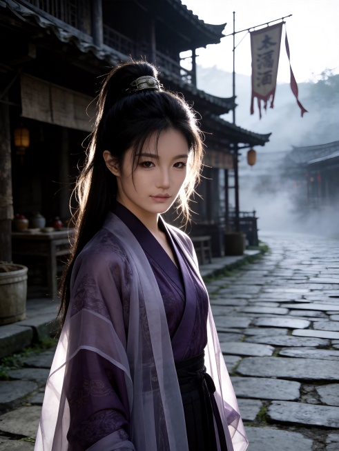 生成古风侠女风格写真，仅保留参考图人物脸型、年龄特征，江湖冷冽氛围感，低饱和暗调，侧逆光勾勒发丝轮廓，电影质感光影对比强烈。清透冷白肌，保留真实皮肤纹理，黑长发半束高鬓，搭配素色金属发饰，碎发自然散落预览效果