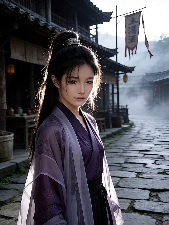 生成古风侠女风格写真，仅保留参考图人物脸型、年龄特征，江湖冷冽氛围感，低饱和暗调，侧逆光勾勒发丝轮廓，电影质感光影对比强烈。清透冷白肌，保留真实皮肤纹理，黑长发半束高鬓，搭配素色金属发饰，碎发自然散落。眼神冷锐凌厉，充满杀气，唇角紧抿，微侧首抬眸望向镜头，身姿挺拔。身着烟紫色暗纹广袖汉服，交领设计，薄纱外衫带着飒爽垂坠感。背景是古旧江湖酒馆外的青石板路，远处有飘摇的酒旗，雾气弥漫充满江湖气息。三分法构图，平视中景，分辨率4k，商业人像摄影级别