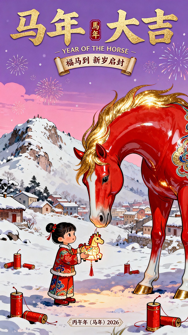 马年瓷板画，红马与童子共庆马年，鎏金文字与雪景交融，烟花绽放，喜庆梦幻。
