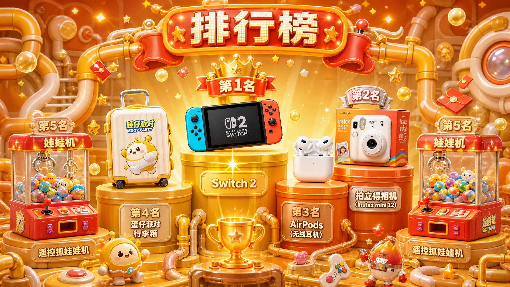 参照图一的橙黄色3D卡通潮玩风格，生成一张奖品排行榜图，包含五… - 图片创意预览