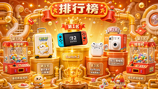 参照图一的橙黄色3D卡通潮玩风格，生成一张奖品排行榜图，包含五个名次的奖品：第一名Switch 2游戏机，第二名拍立得相机礼盒，第三名苹果AirPods蓝牙耳机，第四名蛋仔派对主题行李箱，第五名远程遥控娃娃机。每个奖品放在对应的领奖台上，标注清晰的名次数字和奖品名称。整体风格与图一一致：暖橙黄色调，3D立体卡通质感，圆润可爱的造型，机械管道元素，泡泡装饰，游戏主题氛围，强质感，C4D渲染风格