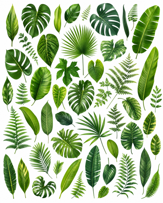 「图片1」different kinds of rainforest leaves on a white background, vibrant shades of green,a diverse a预览效果