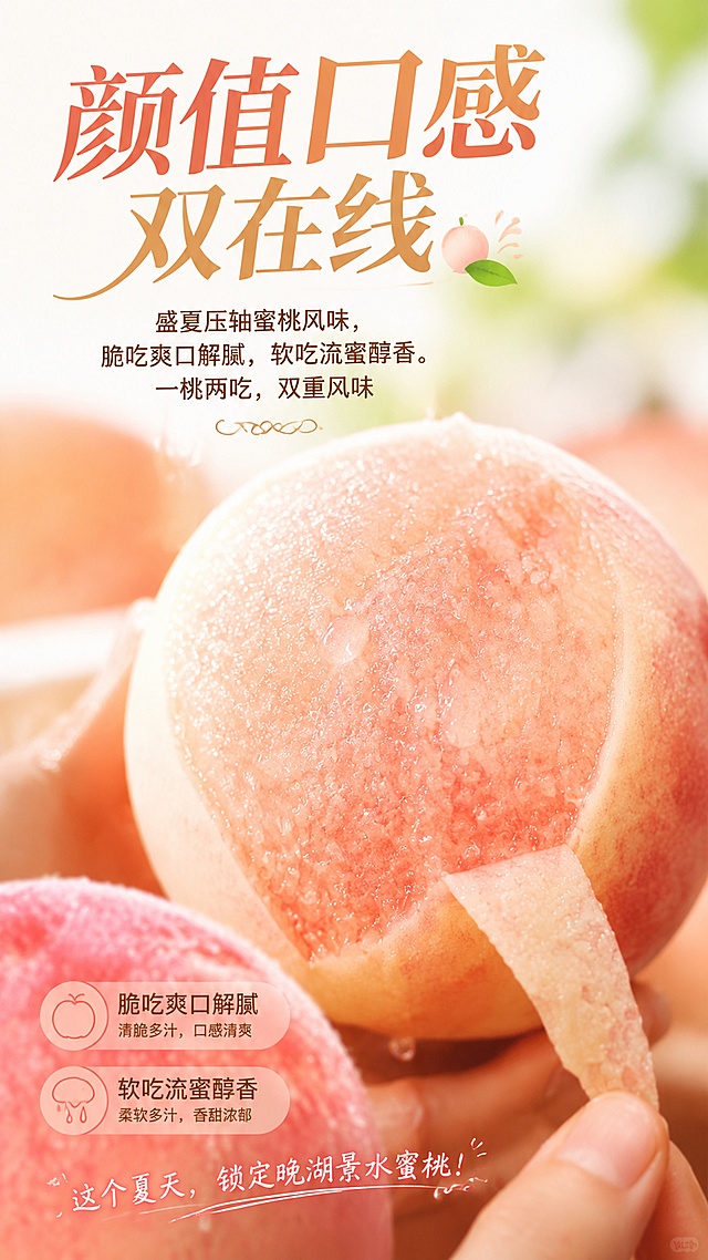 这是第三张四川龙泉晚湖景水蜜桃竖版口感种草海报，比例9:16，写实食欲风，标题"颜值口感双在线"，文案："盛夏压轴蜜桃风味，脆吃爽口解腻，软吃流蜜醇香。一桃两吃，双重风味"。结合图8-图10的削皮果肉特写，展现饱满水润果肉，汁水微微渗出，果粒饱满水润，画面极具食欲感。暖自然光，浅柔背景，突出果肉水润晶莹质感，排版精美，收尾种草引导。画面中所有数字必须精确渲染，不得错位、遗漏或编造。不保留二维码区域和占位符