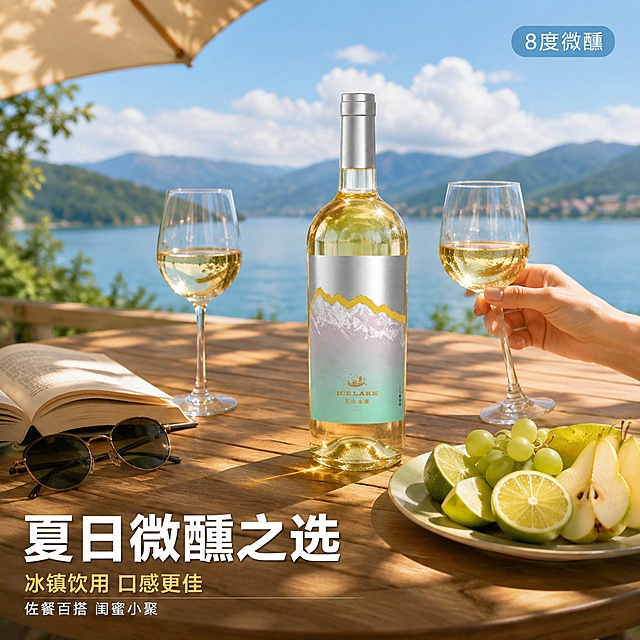[主图-4] 生活场景 夏日微醺饮用场景。
[氛围风格] 惬意夏日生活方式 清新自然 有代入感。
[画质] 商业摄影质感 光线自然柔和 画面有生活气息 高级感。
[元素] 户外露台或阳台的小餐桌 桌上放着白葡萄酒瓶和两只高脚杯 杯中盛有淡金色酒液 旁边有一盘切好的水果拼盘（青柠 脆梨 葡萄） 还有一本打开的书和一副太阳镜 背景是模糊的湖景与远山 天空湛蓝有白云 营造夏日午后的惬意氛围 一只女性的手（仅露出手部局部）正拿起酒杯 动作自然。保持白葡萄酒瓶外观与输入产品图一致 杜绝任何变形和色差 精细化处理 商品主体占比约50% 画面满屏无边框。
[光影] 自然午后阳光 柔和暖调 透过遮阳伞形成斑驳光影 瓶身与酒杯有柔和高光 整体温暖惬意 暗部有层次。
[配色] 主色天空蓝与冰湖蓝 辅色暖木色与阳光金 点缀色水果绿。
[视角构图] 略俯视45度角 餐桌场景为视觉中心 背景湖景延伸 景深中等 背景虚化突出桌面氛围。
[文字版式] 左下负空间左对齐留安全边距 主标题大字"夏日微醺之选" 白色粗体无衬线带轻微阴影 最大号 下方辅助文案"冰镇饮用 口感更佳" 浅金色 约半高 再下方"佐餐百搭 闺蜜小聚" 小号白字。右上浅蓝圆角小标签"8度微醺" 白字。画面禁止出现多余的手 多余的手指 畸形手 融合手指 手部扭曲。
[输出要求] 1:1比例 文字清晰锐利 超高清商业摄影质感。
[负向提示词] 变形 文字错乱 产品图模糊 背景杂乱 水印 电商平台Logo 多余手指 手部畸形。