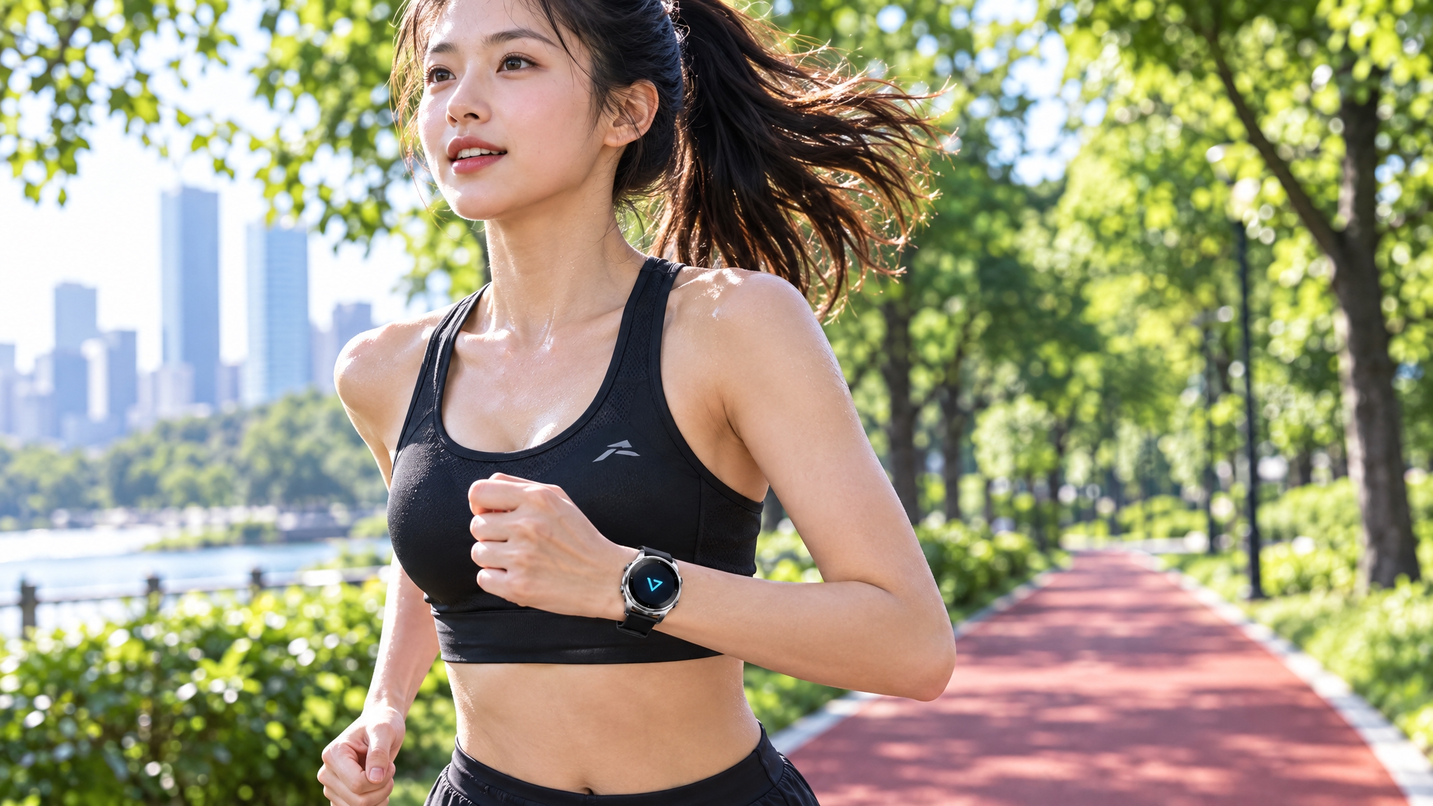 一位年轻女性跑者在城市公园绿道上晨跑，手腕佩戴参考图中的这款圆… - 图片创意预览
