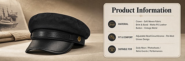 [商品] 使用【图1】黑色Chauffeur贝雷帽；商品处理：保留复古海军报童帽造型、饱满帽顶、短帽檐、哑光PU皮质帽檐+帽圈、侧边复古金属圆扣、黑色织物帽身、缝线结构和黑色颜色；自然理顺帽型，增强织物纹理、PU皮质感、金属扣高光与缝线细节，不改变版型和结构。
[画面] 目标：产品信息页，总结产品参数与适用信息。构图：左图右文，左侧帽子正面全貌展示，右侧信息卡式参数信息。主体占比：产品占画面约40%。景别：产品中景。阅读动线：从左产品→右信息卡。前中后景：前景帽子与信息卡、中景米驼色质感背景、后景渐变层次。
[视觉] 套系策略：风格=跨境极简高级复古商业摄影；标题字=现代衬线粗体（复古感）；正文字=简洁无衬线体；主色=炭黑+米驼；背景延展=基于炭黑、米驼、暖灰做深浅层级、同色渐变和细腻纸张/织物质感；强调色=古铜金，仅用于小面积图标、引线和标签；标题色=炭黑色；正文色=中暖灰；组件=细线分割线、圆角浅底信息卡、复古细边框；光影=左前侧暖柔光，柔和清晰。
[文字] 右侧信息卡式排版，主标题+材质信息+佩戴信息+适用场景总结。主标题：Product Information（产品信息）；材质：Crown - Soft Woven Fabric（帽身 - 柔软织物）；Brim & Band - Matte PU Leather（帽檐&帽圈 - 哑光PU皮）；Button - Vintage Metal（扣饰 - 复古金属）；佩戴信息：Adjustable Head Circumference - Fits Most（可调节头围 - 大部分头围适配）；Unisex Design（男女同款）；适用场景：Daily Wear / Photoshoots / Retro Events / Performances（日常穿搭/写真拍照/复古主题活动/演出配饰）。
[规格] 图片比例3:1横版，4K分辨率，负向提示：避免变形、错字、文字过小、冷蓝/蓝灰背景、帽子颜色改变、版型失真、纯白底、价格、折扣、二维码、水印。