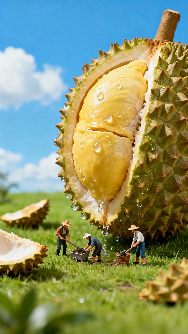 微缩艺术风，实景感与趣味感交融，3D重拟物手法呈现超现实主义场景，液态果浆滴落如雨，清新自然中隐喻丰收喜悦。