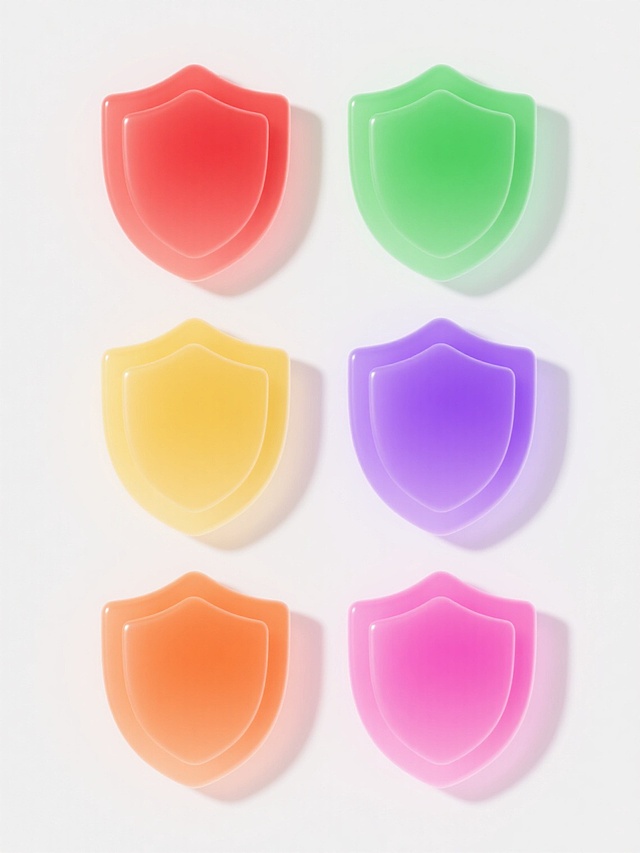 一套六个不同配色的3D风格盾牌图标系列，每个盾牌保持相同的光滑半透明渐变质感、圆润边缘设计和高光阴影细节，分别采用纯红色、纯绿色、纯黄色、纯紫色、纯橙色、纯粉色作为主色调，背景为纯白色，所有盾牌呈2行3列规整排布，形成统一风格的系列素材集合。
