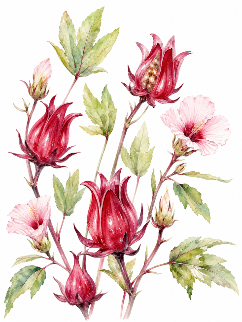 参考原图片的水彩风格，生成不同形态的玫瑰茄，水彩画，纯白色背景，清新自然水彩手绘风格预览效果