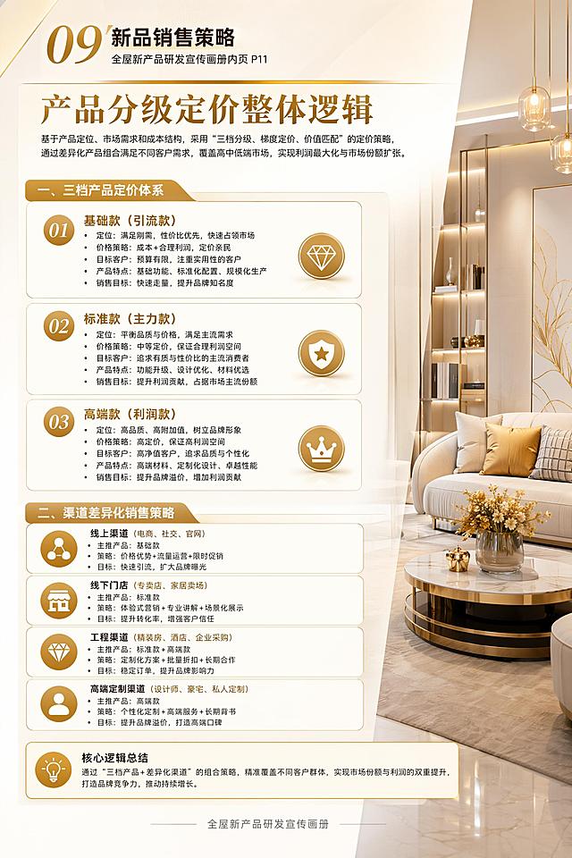 「图片1」参考图片中的文字内容，生成一套宣传画册。画册版面时尚、大气；画册的背景、插图均采用现代风格的家居、软装或空间设计元素。
画册规格：W20cm×H30cm；
版面色调：金黄色；
画册页数：共12P。