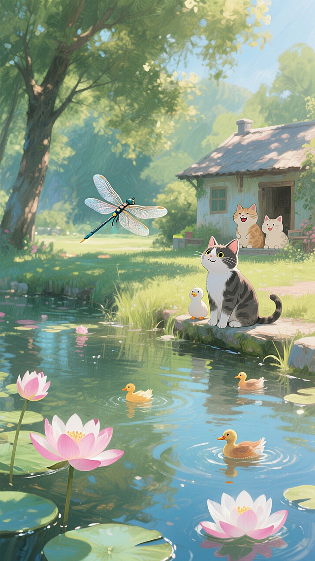 水彩风插画，清新可爱，猫咪与小鸭在池塘边嬉戏，拟人化的动物营造温馨氛围。