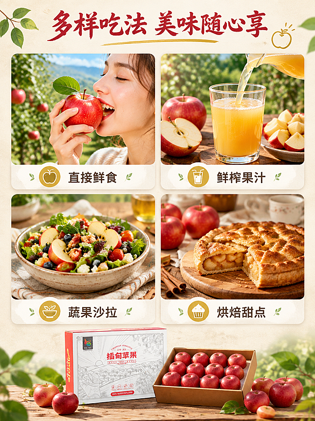 [商品] 使用【图1】插甸苹果礼盒产品图作底部中央辅助露出；保留包装外观、颜色和Logo，缩小置于画面底部约占20%。
[画面] 场景种草页，2x2圆角卡片拼图版式，展示四种食用场景。左上：鲜食场景，手拿着带绿叶的红苹果直接咬，阳光果园背景；右上：榨汁场景，鲜榨苹果汁倒入玻璃杯，旁边放着切好的苹果块；左下：沙拉场景，苹果蔬果沙拉碗，健康轻食摆盘；右下：烘焙场景，苹果派或苹果蛋糕，温馨厨房桌面。四张卡片大小均匀，圆角设计，卡片间有浅色间距。底部产品礼盒横向摆放。
[视觉] 套系策略：风格=高原果园自然清新商业摄影；标题字=手写书法粗体；正文字=简洁宋体；主色=苹果红+高原绿+天空蓝；背景延展=浅米色暖调纸张质感，卡片白底浅阴影；强调色=暖金黄，仅用于小面积标签、图标和高亮；标题色=深苹果红；正文色=深棕灰；组件=圆角白底卡片、细苹果叶分割线、吃法小图标；光影=均匀暖柔光，每张卡片内独立布光。
[文字] 顶部居中主标题"多样吃法 美味随心享"，每张卡片下方对应横排小字标签："直接鲜食"、"鲜榨果汁"、"蔬果沙拉"、"烘焙甜点"。文字均横排，字号适中手机端可读。
[规格] 图片比例3:4竖版，4K，quality=medium，避免变形、错字、文字过小、卡片比例失调、食物不真实、产品包装错乱。